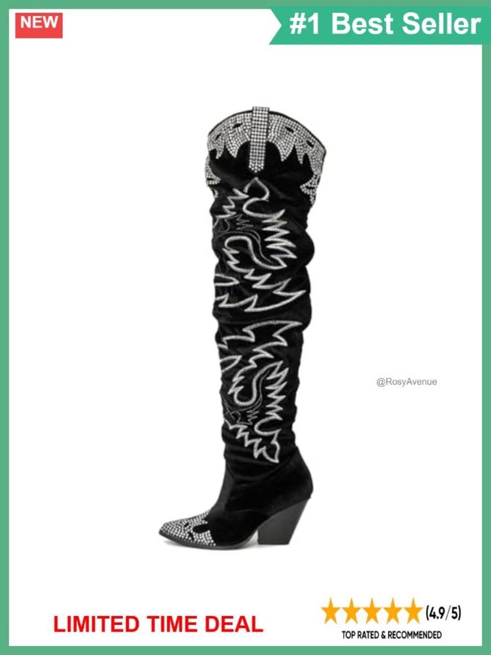 Rhinestone Embroidered Slouchy Thigh High Over the Knee Boots Faux Leather